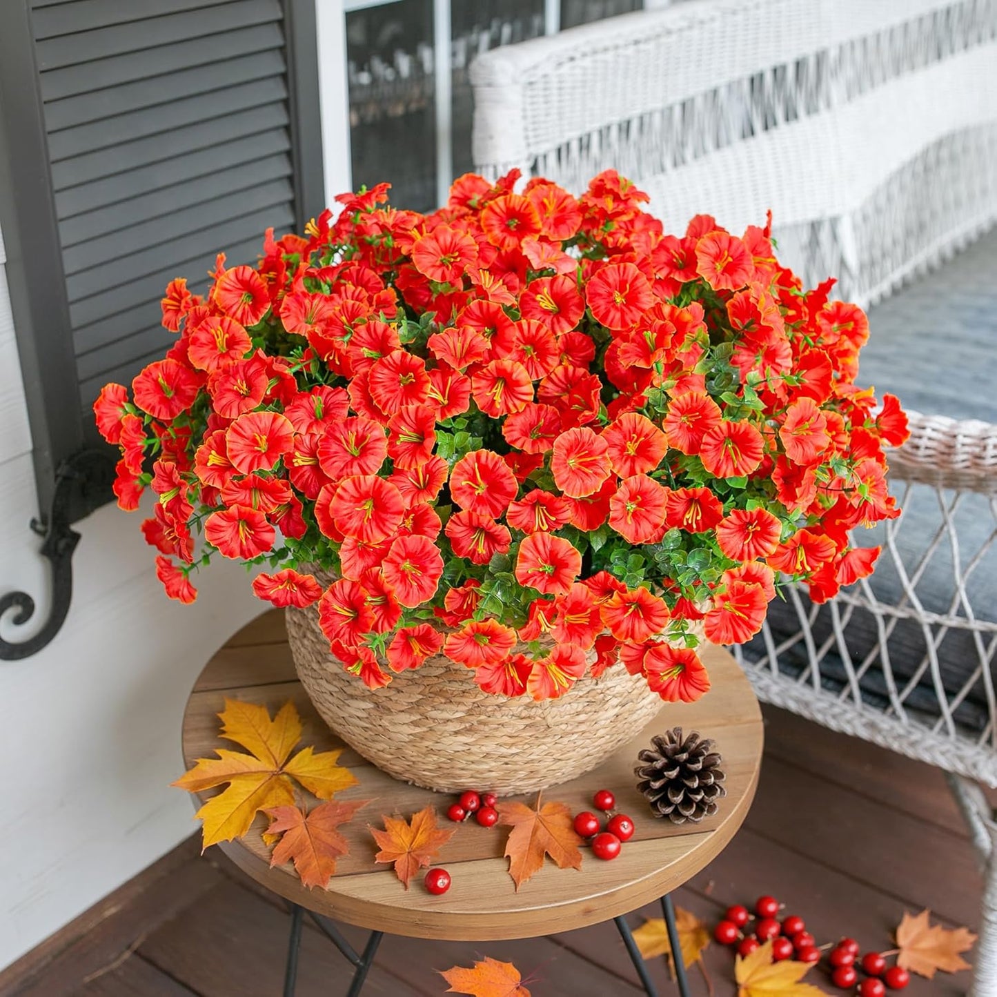 Fake Fall Flowers Artificial Flowers Plants for Outdoors Autumn Decoration, 12 Bundles Orange Silk Morning Glory with Eucalyptus Realistic UV Resistant Faux Flower Greenery for Outside Yard Garden