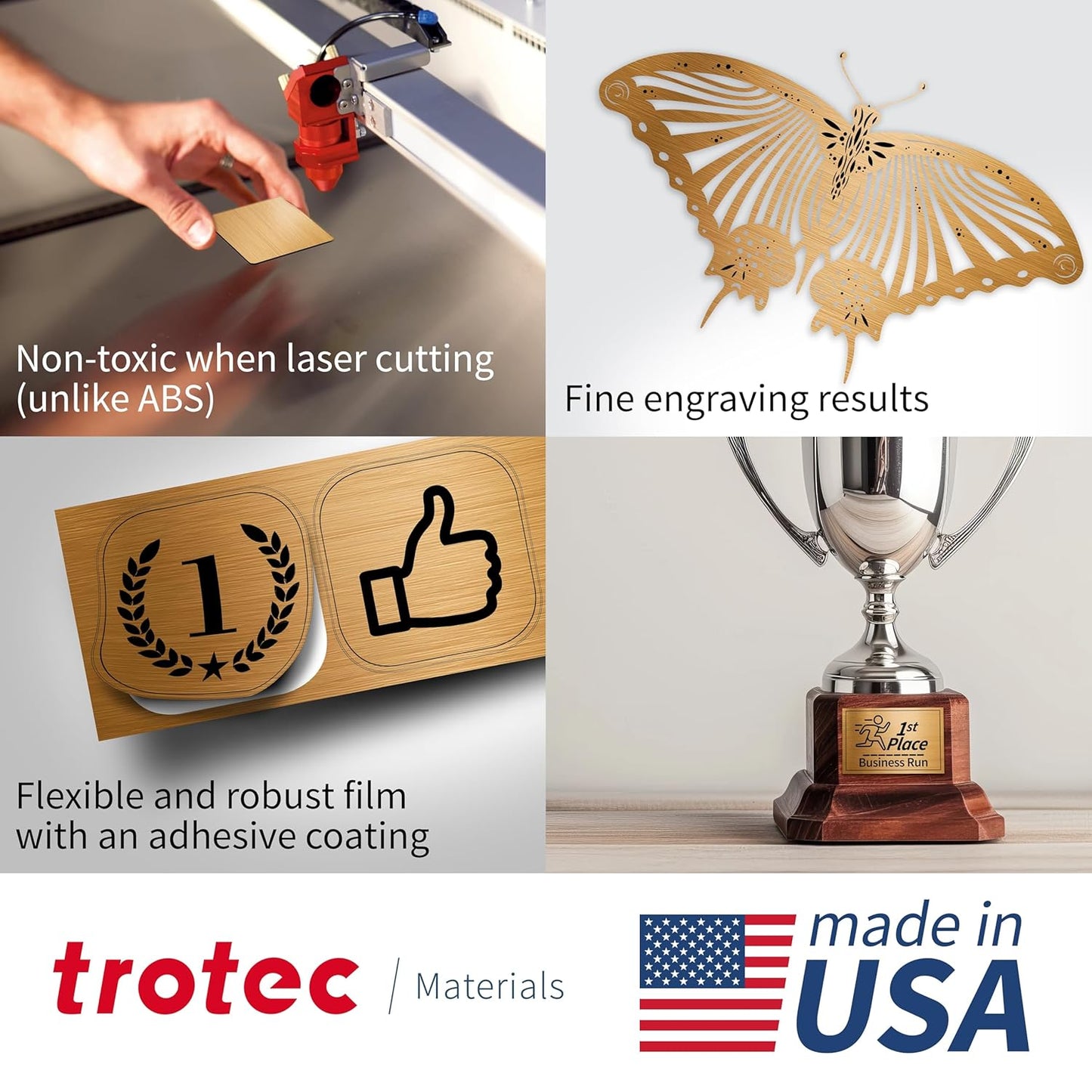 Trotec TroLase Lights | 24"x12"x1/250"(0.1mm thick) | Adhesive-Backed Flexible Laser Engraving Sheet/Film for Decal & Label | Double Color Plastic Sheet for Engraving | Brass/Black | 10pcs