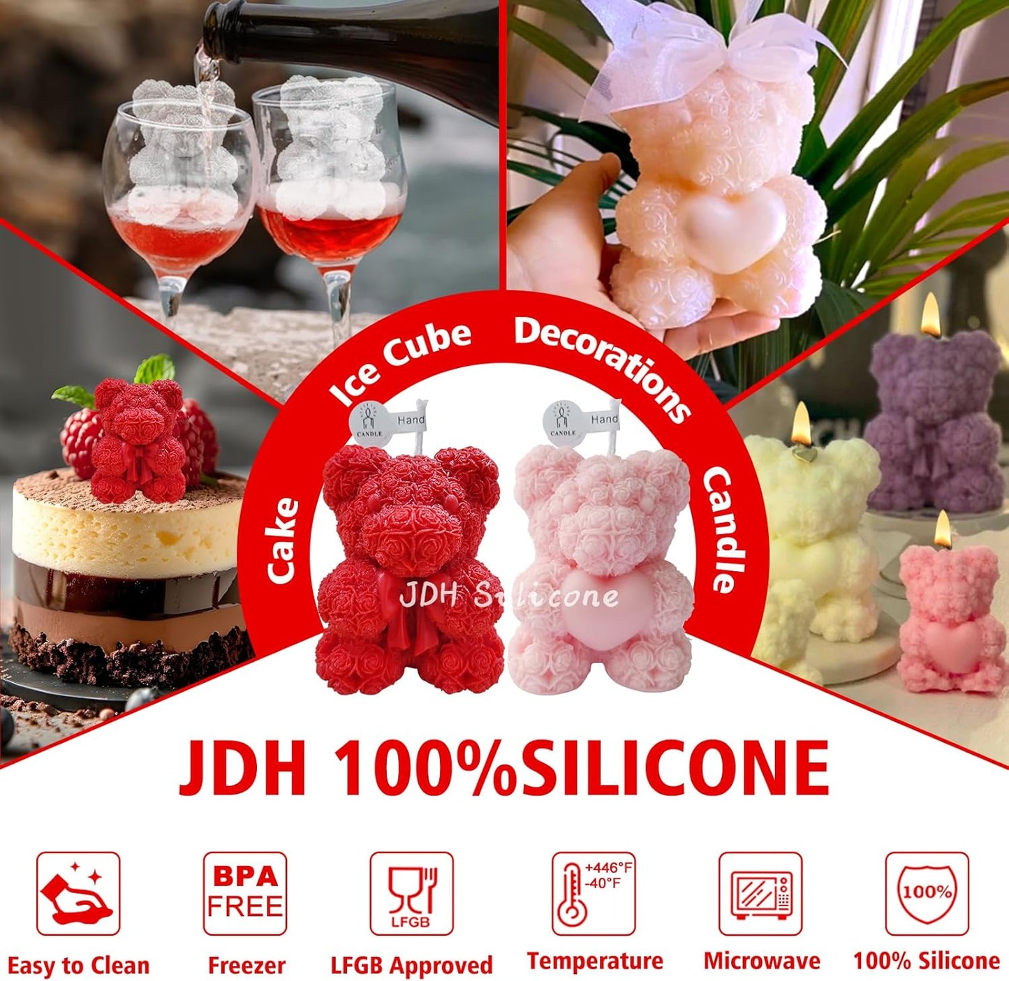 2PCS Rose Bear Silicone Mold,3D Teddy Bear Candle Making Molds,Silicone Epoxy Resin Mould,Ornament for DIY Wax Candle Art Craft Cake Chocolate Home Decor Valentine Gifts Birthday Gift（MINI）