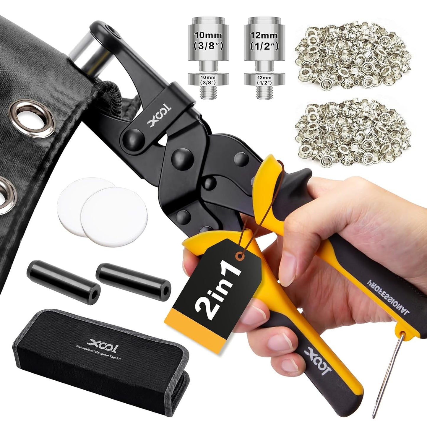 XOOL 2-in-1 Grommet Tool Kit, 1/2" & 3/8" 12mm&10mm Twist-Change Heads, Leathercraft Punching Tool with Magnetic System for Canvas, Leather, Tarps, DIY - 400PCS Grommets & Washers Included