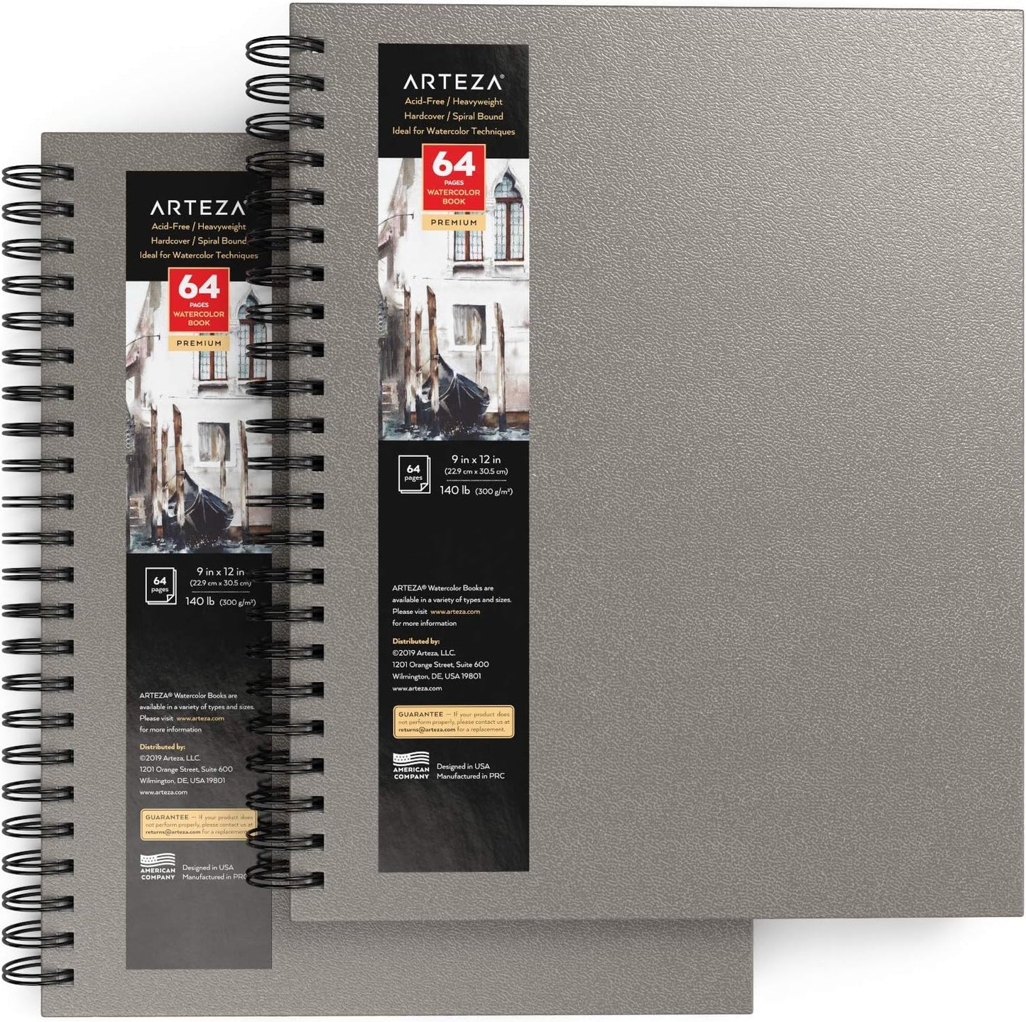 ARTEZA Watercolor Sketchbook 2-Pack, 9x12 Inches – 64 Pages Each, Spiral-Bound 140 lb Cold Press Paper, Gray Hardcover Journal for Mixed Media