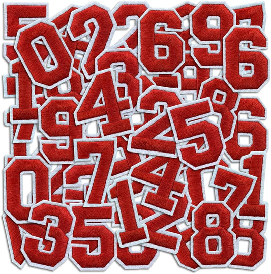Number Iron On Patches, Numbers 0-9 Embroidery Applique Patch, DIY Decorative Heat Press Patches for Clothing Jeans Jackets Backpacks Hats (Red 50 Pcs)