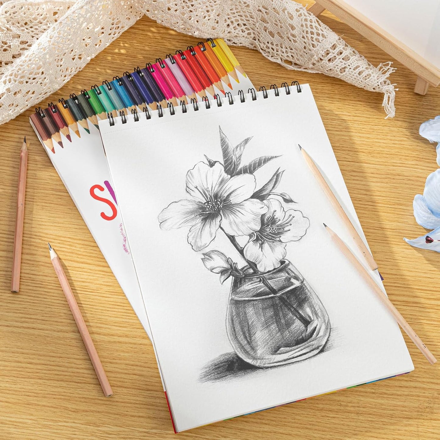 2 Pack Sketch Book with 36 Color Pencil Set, Spiral Kids Sketchbook for Drawing (68lb/100gsm), Acid-Free Sketch Pad for Kids Artist, Art Paper Drawing Supplies for Gifts (9×12 inch)