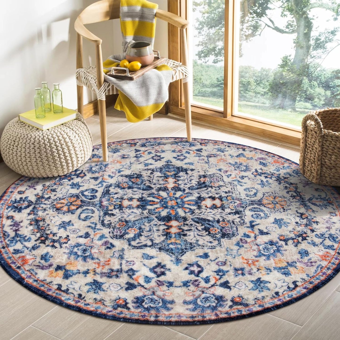 Lahome Round Rug 4ft, Washable Bathroom Rug Non Slip Entryway Circle Mat, Bohemian Vintage Non-Slip Non-Shedding Low Pile Printed Indoor Carpet for Kitchen Laundry Entryway, Blue Purple/Multi