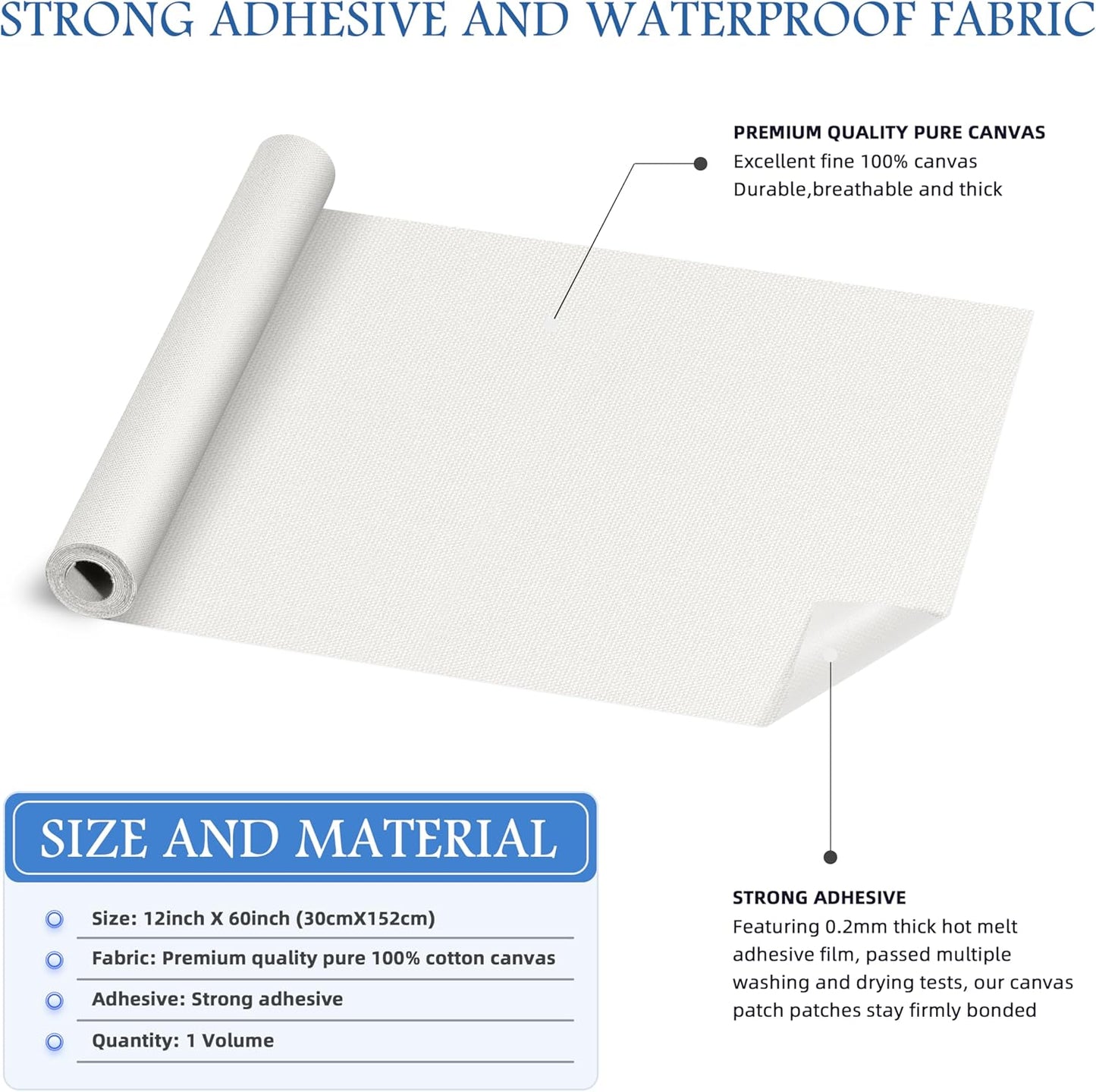 KING MOUNTAIN Canvas Iron on Patch,12"×60",Waterproof 100% Cotton Fabric Repair Patch,Used for Various Sofa,Tent,Clothes,Seats,Suitcases (White,Waterproof)