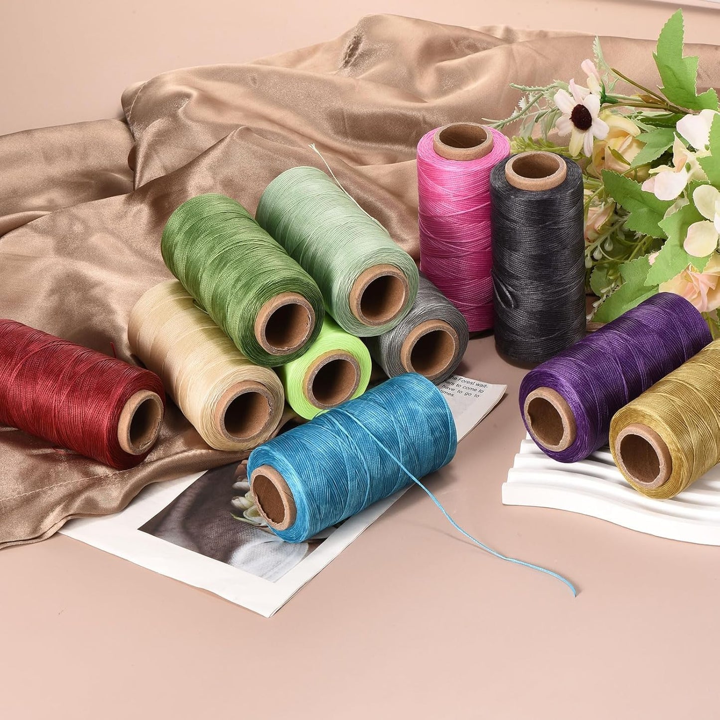 MECCANIXITY Waxed Thread,197 Yard 1mm 210D Flat Wax Thread Polyester Waxed String for Leather Sewing Hand Weaving Book Binding Home Decoration,Rose Red