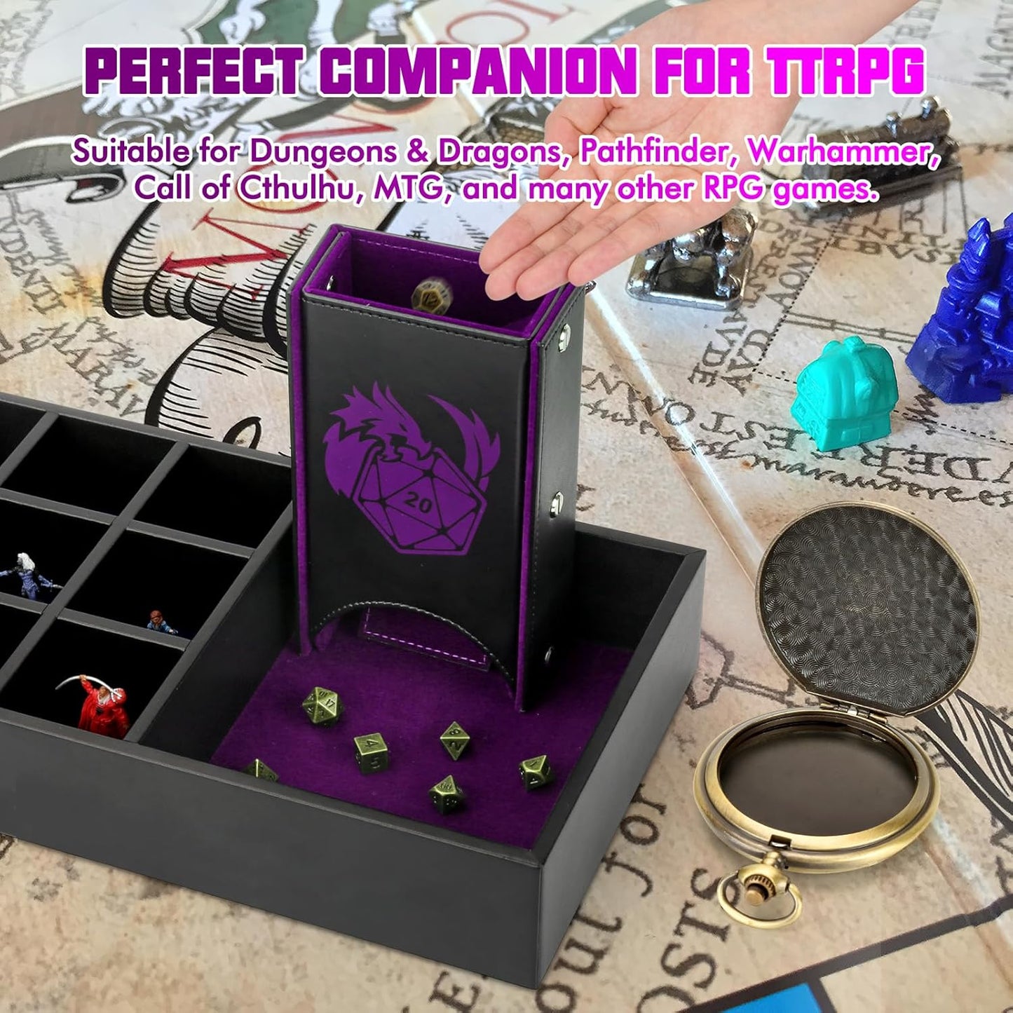 DND Dice Tray & Tower Storage Box, 4 in 1 D&D Dice Holder Case (Dice Rolling Tray, Dice Roller Tower, Dice & Miniature Storage), Great RPG Accessories Gifts for Dungeons and Dragons MTG DM & Player