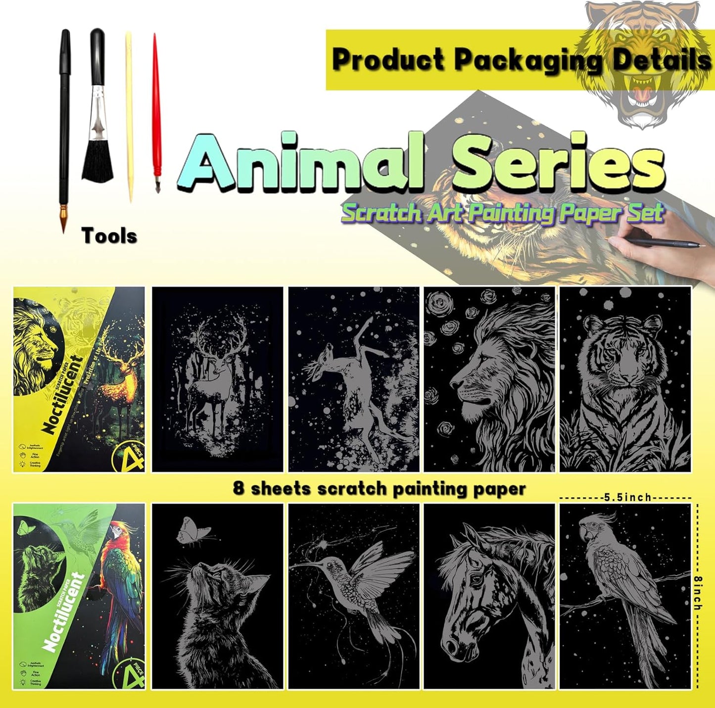 Scratch Paper Art for Adults-Glow in The Dark Scratch Painting Craft Kit (8 Sheets A5)|DIY Foil Engraving Art Set|Stress Relief Gift for Craft Lovers|Creative Scratch Art Home Decor(Animal Series)