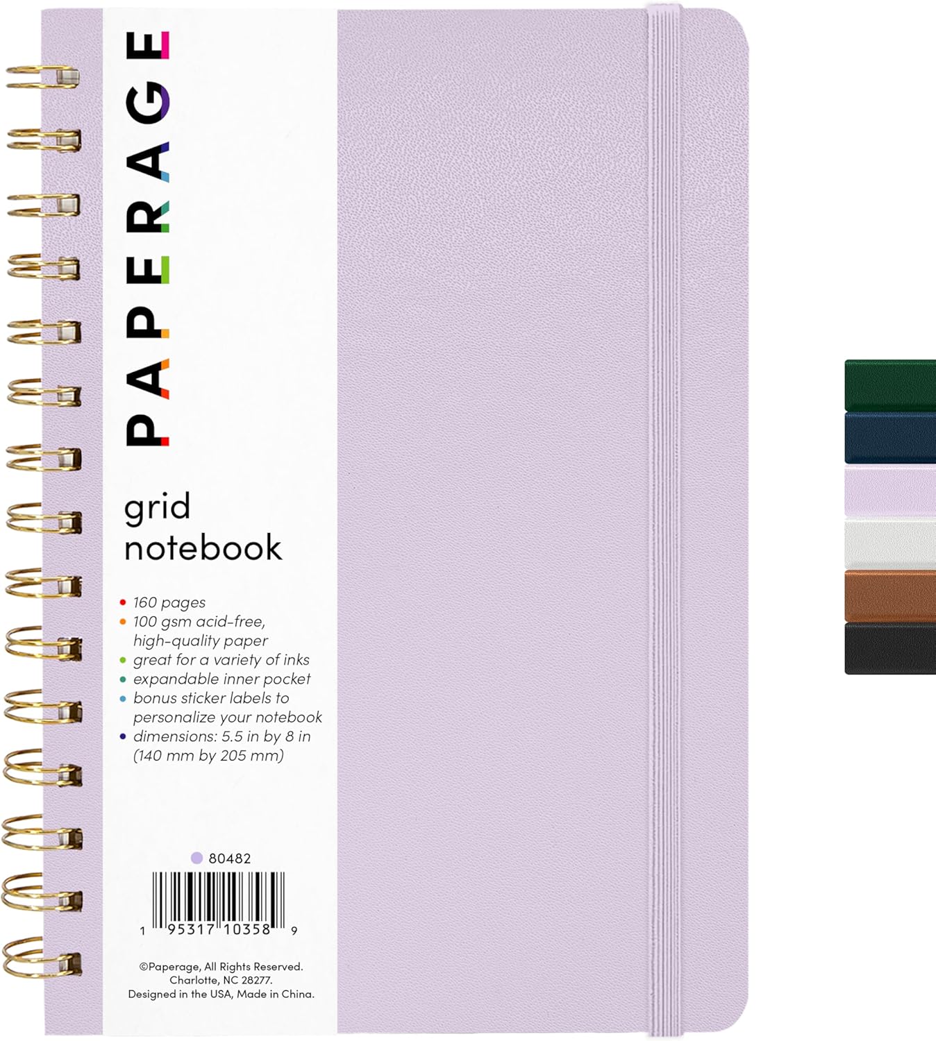 PAPERAGE Graph Paper Spiral Notebook & Journal, (Lavender), 160 Pages, Medium 5.5 inches x 8 inches - 100 GSM Thick Graphing Paper, Hardcover, Double-Wire Grid Spiral Notebook