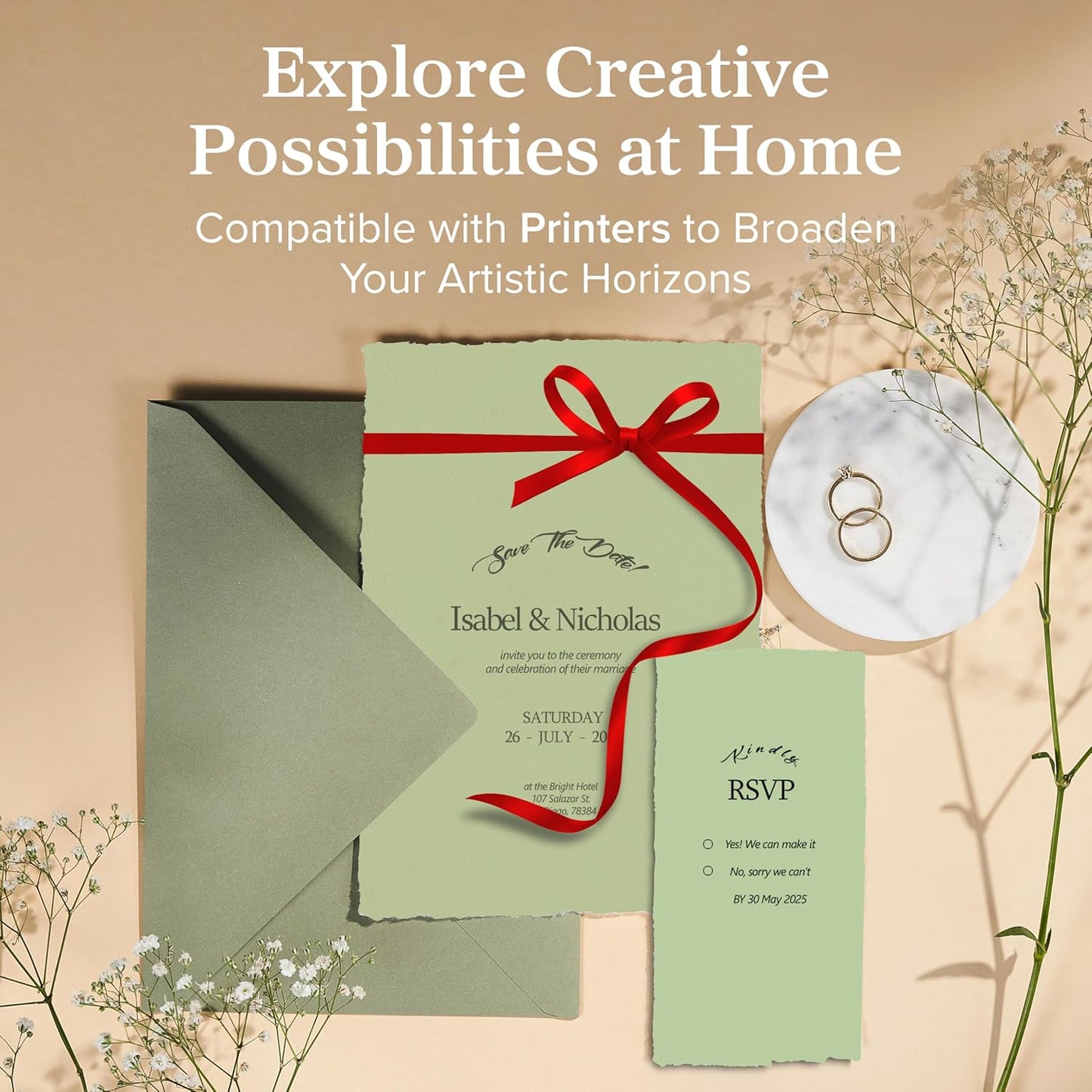 Wanderings Handmade Green Deckle Edge Blank Paper - 4x6 - Pack of 50 - Watercolour/Mixed Media Paper - Save The Date Invitations Greeting Cards Notes DIY Arts Crafts - Thick 150 GSM