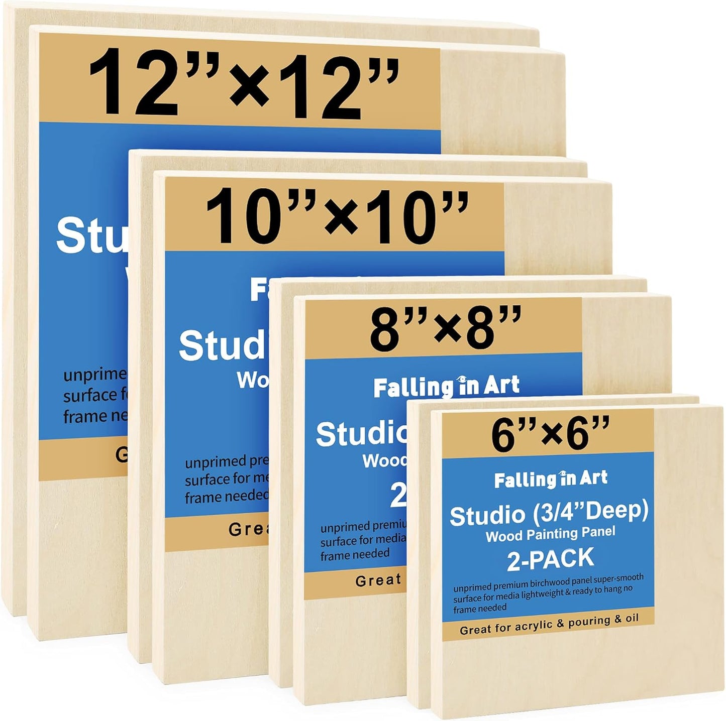 Falling in Art Unfinished Birch Wood Canvas Panels Kit, 8 Pack of 4 Sizes Studio 3/4’’ Deep Cradle Boards for Pouring Art, Crafts, Painting, and More