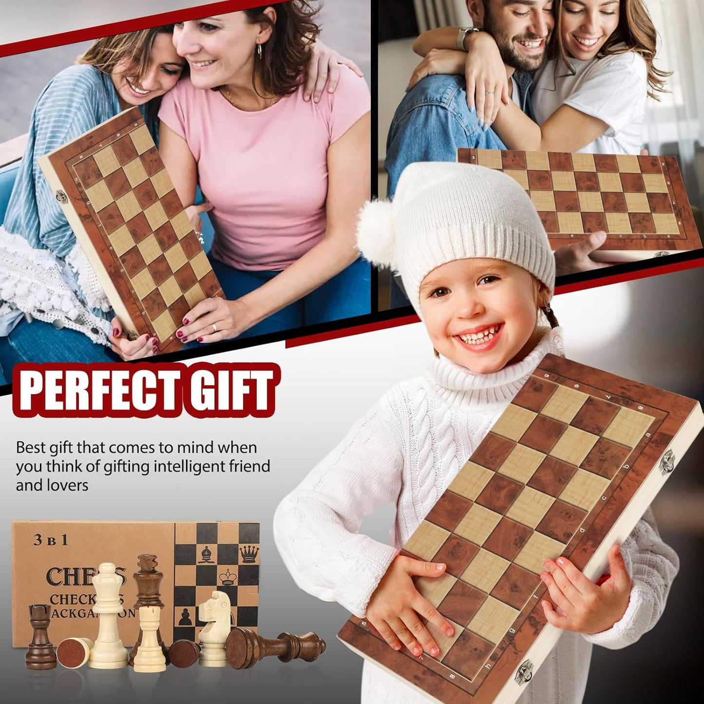 Chess Checkers Backgammon 3-in-1 Board Games Sets, Wooden Chess Set for Adults & Kids, 17.2" Lightweight Checkers Board Game,Strategy Backgammon Sets for Adults, Travel Chess Board Game Pieces Storage