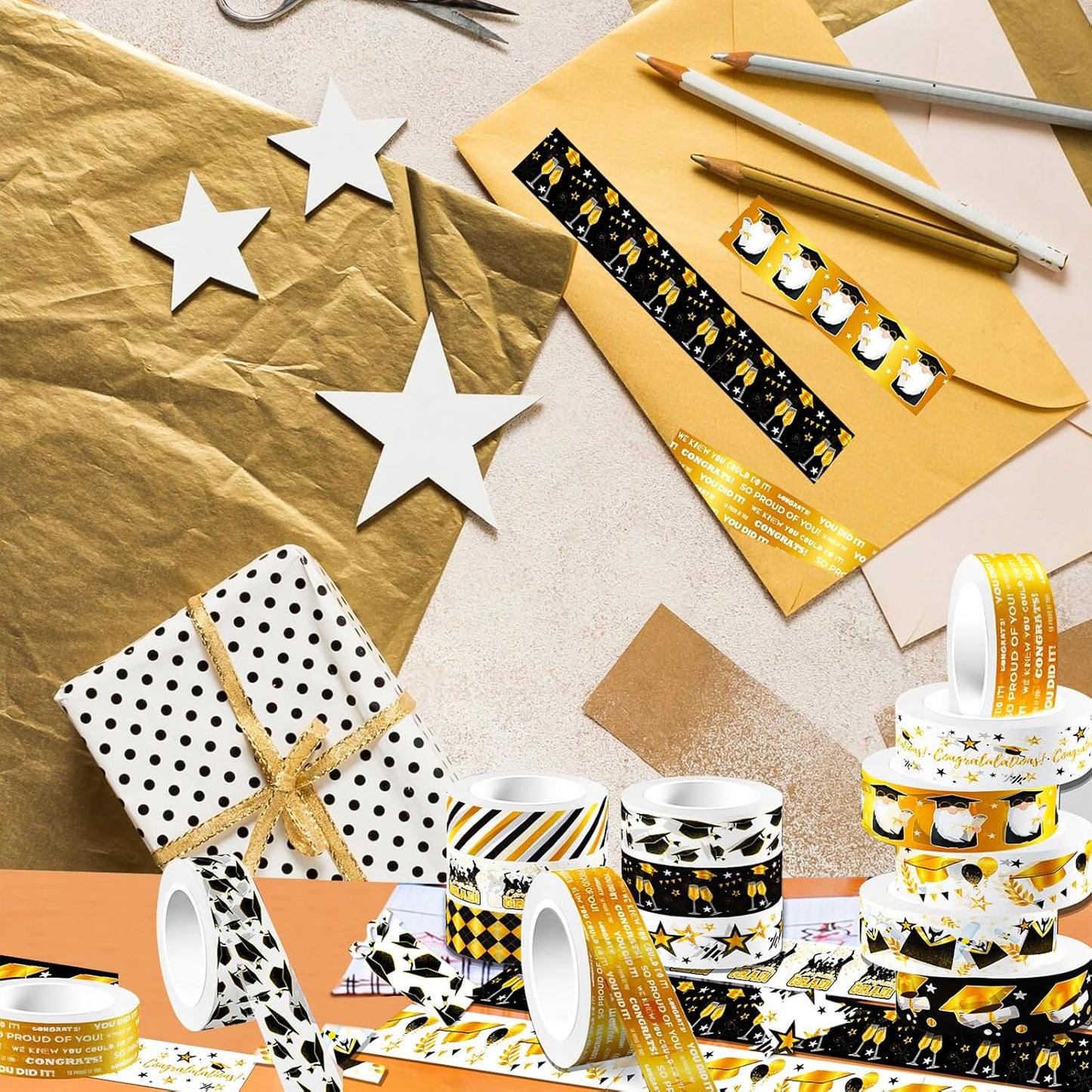 12 Rolls Graduation Washi Tape Set, Gold Foil Congratulations Graduation Masking Tapes, Black Gold Star Grad Cap Decorative Sticker Tape for Graduation Scrapbook DIY Crafts Gift Packaging 16.4FT
