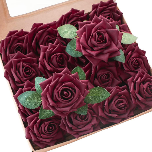 Floroom Artificial Flowers 16pcs 3.5" Real Looking Burgundy Foam Fake Hybrid Tea Roses with Stems for DIY Red Wedding Bouquets Bridal Shower Centerpieces Floral Arrangements Party Tables Decoration