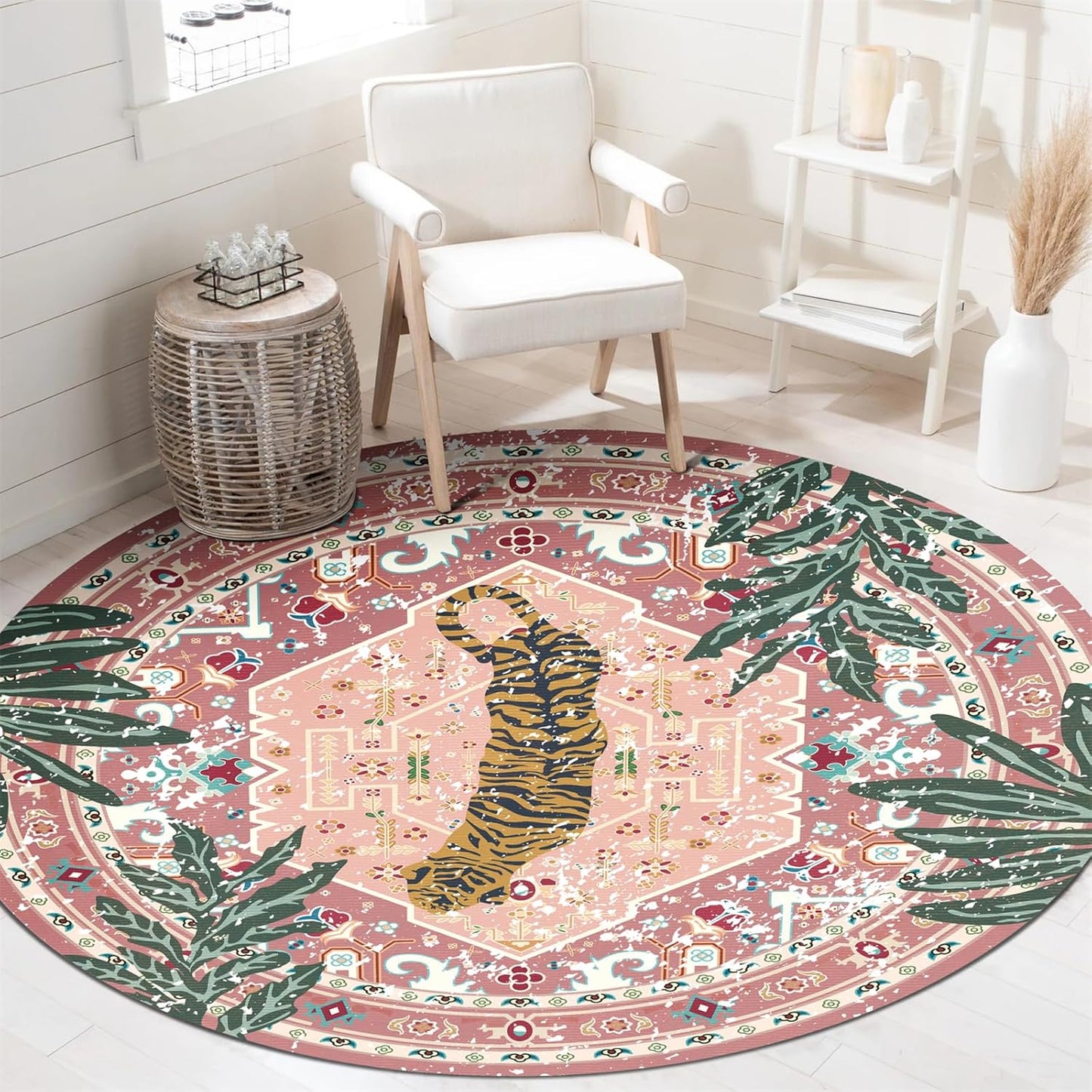 Washable Pink Rugs Thin Oriental Boho Vintage Cute Tropical Leopard 4ft Round Area Rugs for Bedroom Kitchen Dining Living Room Office Indoor Entryway Distressed Nursery Circle Carpet