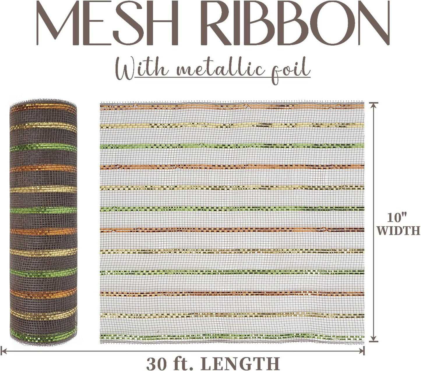 MEEDEE Fall Deco Mesh 10 Inch Rolls Brown Basic Mesh with Deluxe Wide Foil Orange & Yellow & Lime Metallic Striped Deco Mesh for Wreaths, Garland, Christmas Tree, Gift Wrapping, Bows Making (30 Feet)