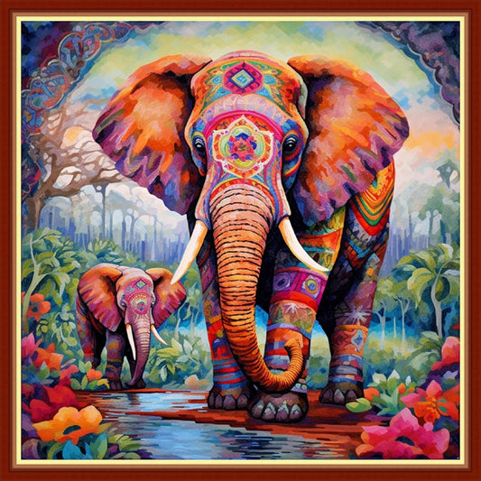 Foxhool Beginners Cross Stitch Kits Stamped Full Range of Embroidery Kits for Adults DIY Cross Stitches kit Embroidery Patterns for Needlepoint kit-Colorful Elephant 17.7x17.7 inch