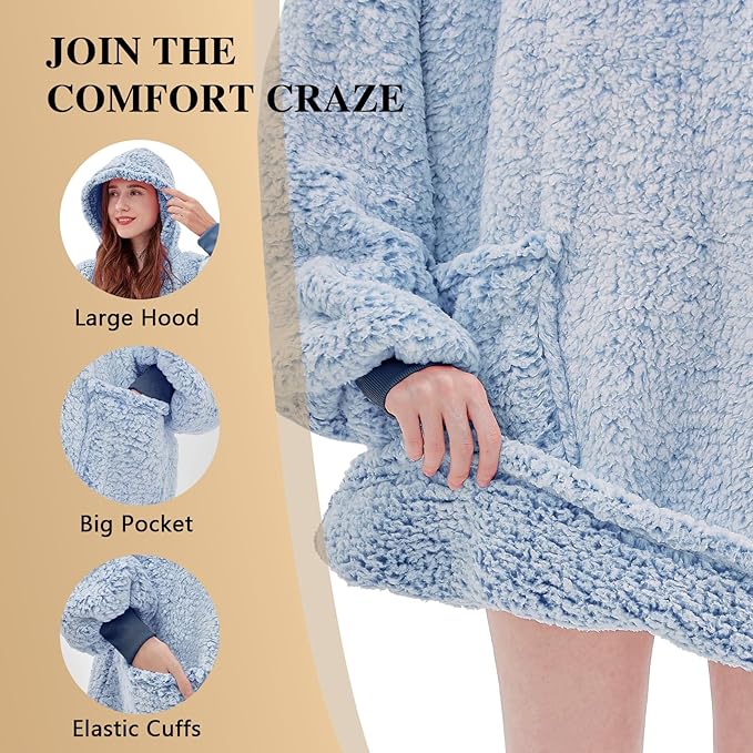 yescool Wearable Blanket Hoodie, Flannel Sherpa Fleece Blanket Sweatshirt for Adults Women Men,One Size Fits All