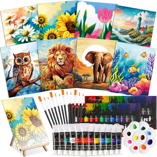 Cholemy 36 Pcs Paint and Sip Kit for Adults 8''x10'' Pre Drawn Canvas for Painting DIY Afro Acrylic Painting Kit Wood Easel Brushes Date Night Bulk for Christmas Party Gifts(Plants Animals)
