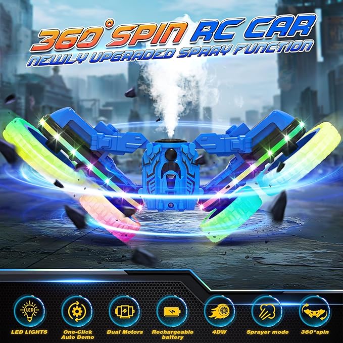 RC Cars Toys, 2-in-1 Remote Control Car Transform 4WD with Spray & LED Lights, 2.4GHz Off-Road Stunt Truck for 360° Flips Gift for Boys Age 8-12 (Blue)