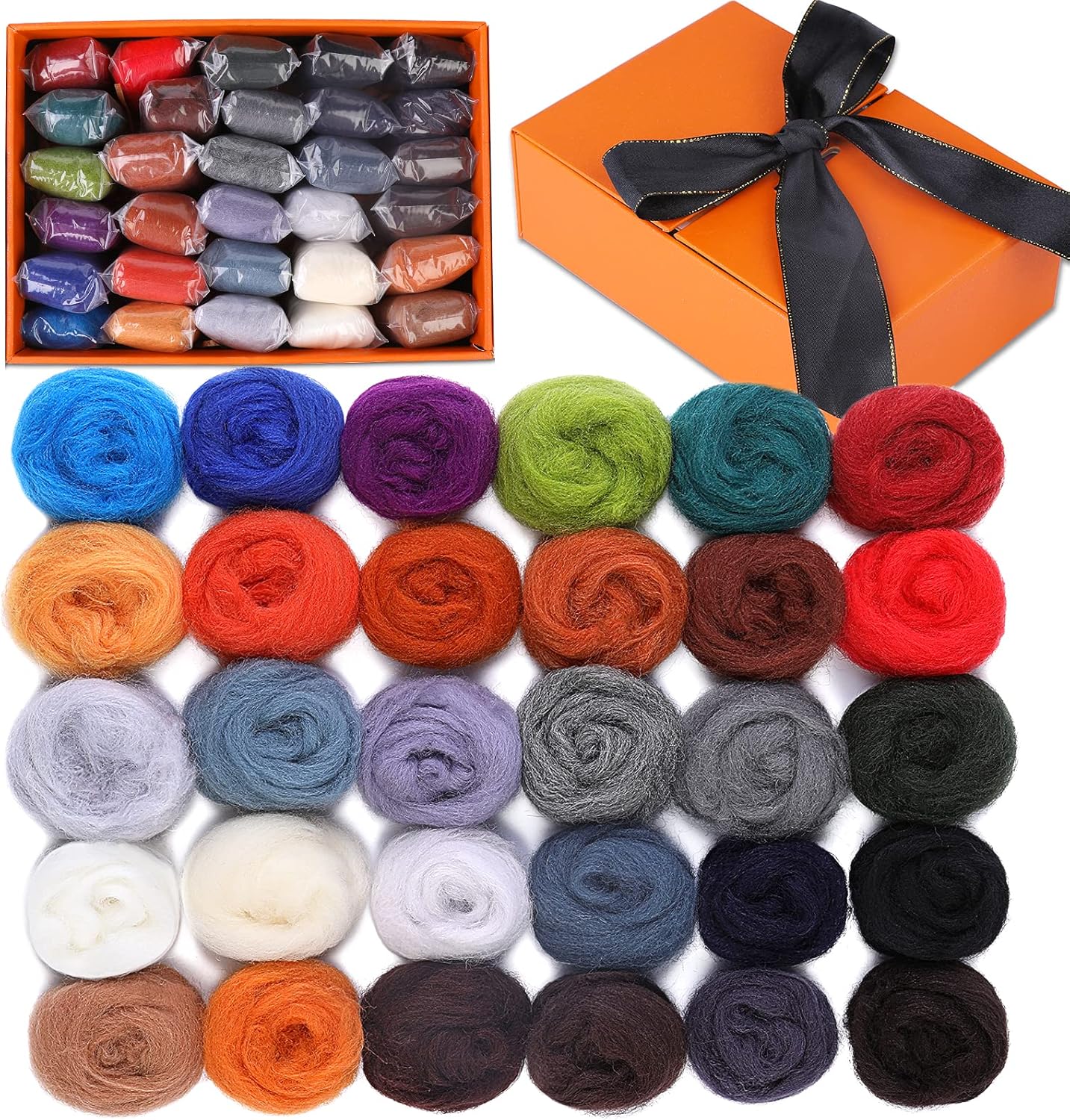 Mayboos 30 Colors Wool Roving Yarn for Needle Felting - DIY Craft Fiber Wool for Wet Felting - 3g/Color (Dark Color)