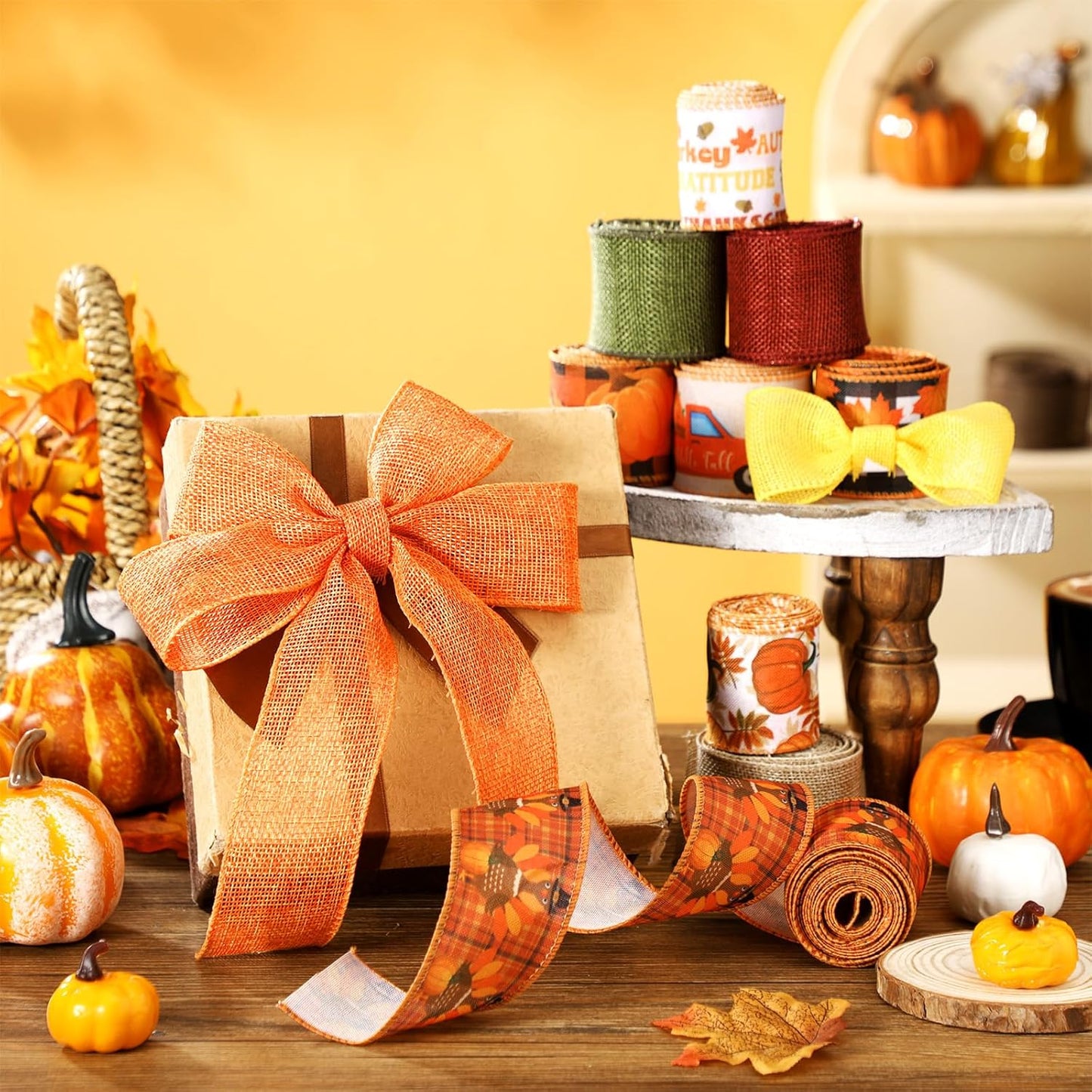 12 Rolls Fall Wired Edge Ribbon for Wreaths 2 Inch x 60 Yards Maple Leaves Pumpkin Turkey Print Ribbon Thanksgiving Plaid Crafts for Autumn Harvest Party Decoration Supplies, 12 Styles