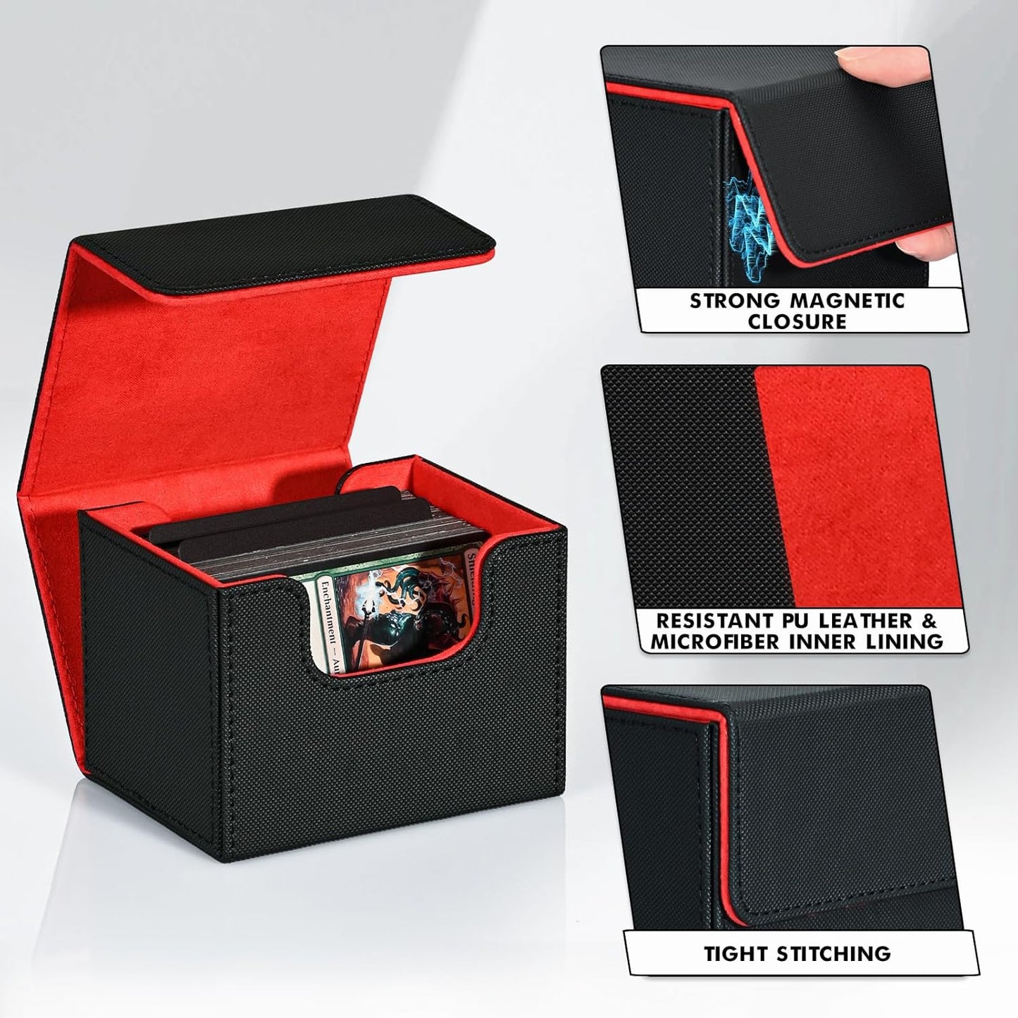 ZLCA Card Deck Box for Trading Cards, MTG Commander Deck Box Holds 120+ Single Sleeved Cards, Leather Magnetic Card Storage Box Fits for TCG CCG Magic Cards (Black& Red)