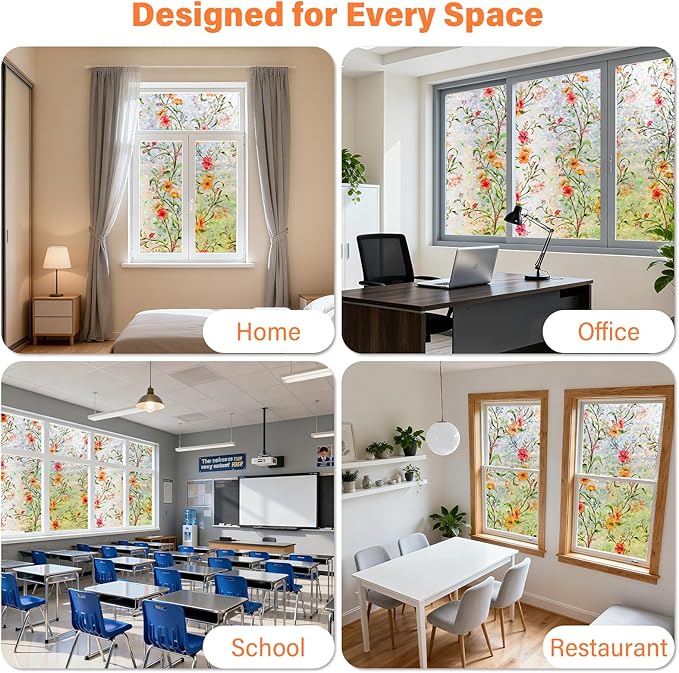 Finnez Stained Glass Window Film with Floral Pattern, Crescent Base and Rainbow Effect, Decorative Static Cling No Glue No Residue 23.6 x 157.4 Inches