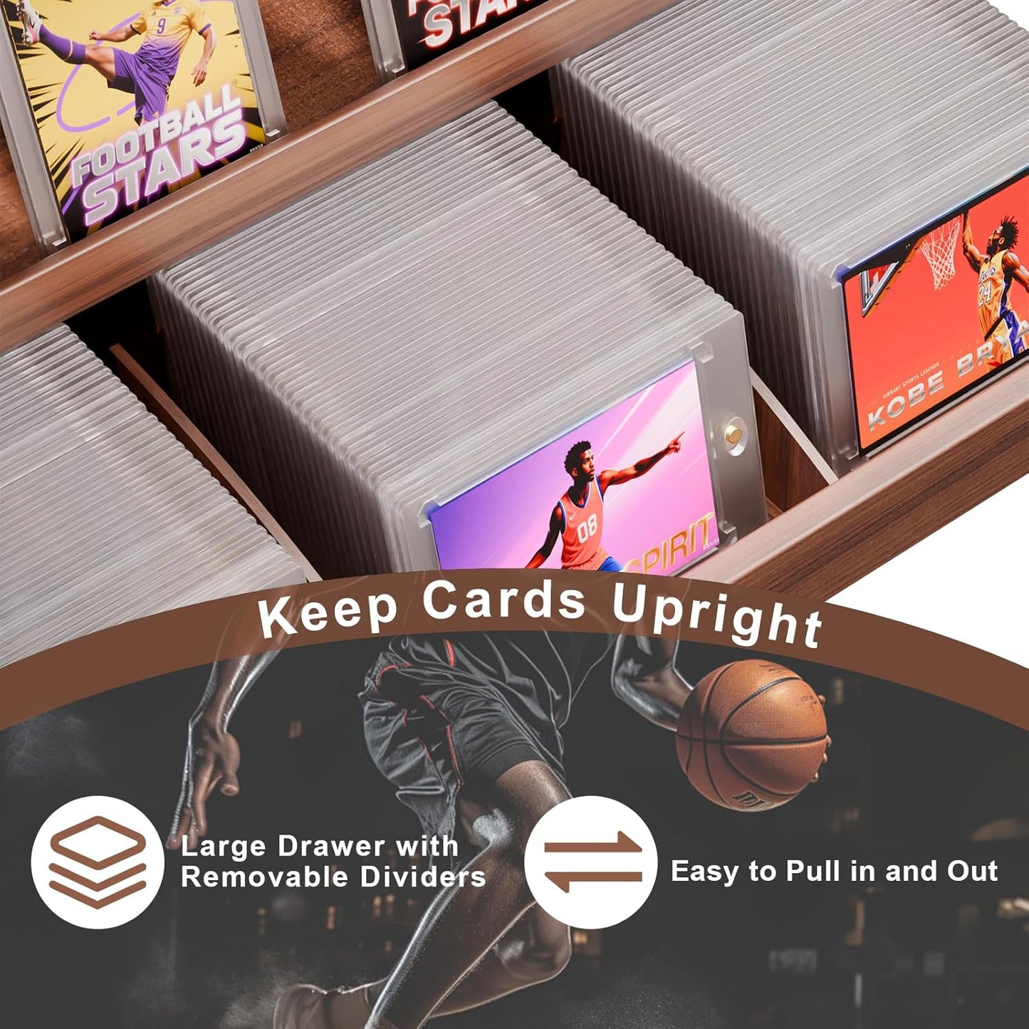 handrong Card Display Stand,3-Tier Trading Card Display with Drawer,Wooden Graded Baseball Sports Cards Holder,Greeting Cards Stand for Collection,Vendor & Show (Brown)