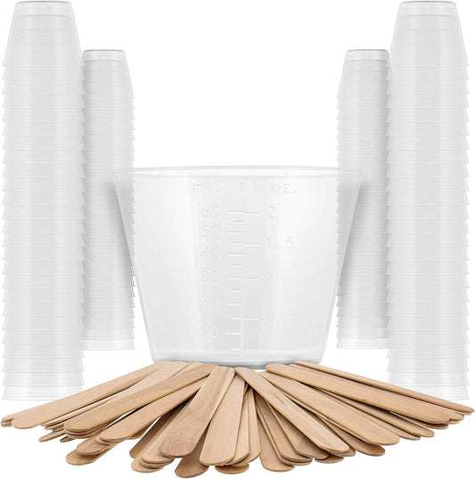 Pouring Masters 2 Oz (60 ml) Liquid Measuring Cups - Plastic Graduated Cup (100 Pack) with 25 Sticks - Reusable Mixing Cups for Paint, Craft, Kitchen, Lab, Medical Supplies, Epoxy Resin, Art