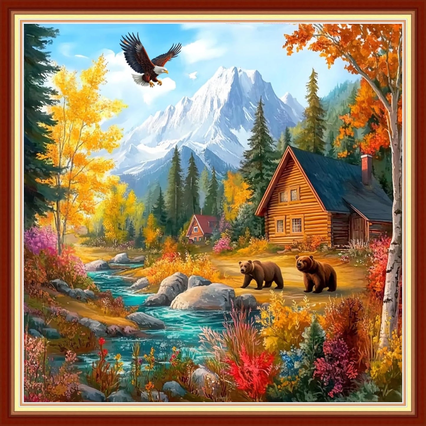 Joyhoor Cross Stitch Kits for Beginners Stamped Cross-Stitch Supplies Needlework preprint Embroidery Kits for Adults DIY Needlepoint Kits Embroidery Patterns 11CT-Brown Bear Landscape 18x18 inchs