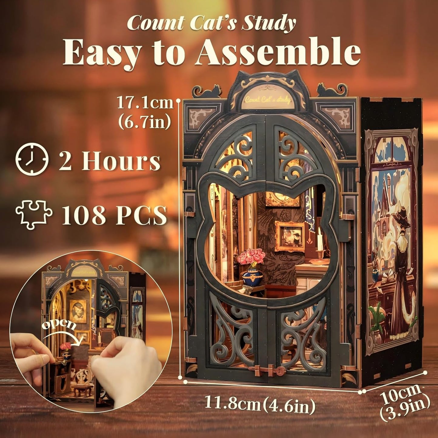 Fsolis Book Nook Kit DIY Scene Miniature Dollhouse Kit, 3D Puzzles for Adults, 108 Wooden Pieces, Bookshelf Decor Tiny House Mini Booknook Craft, Gift for Women Scale Model Lovers (Count Cat's Study)