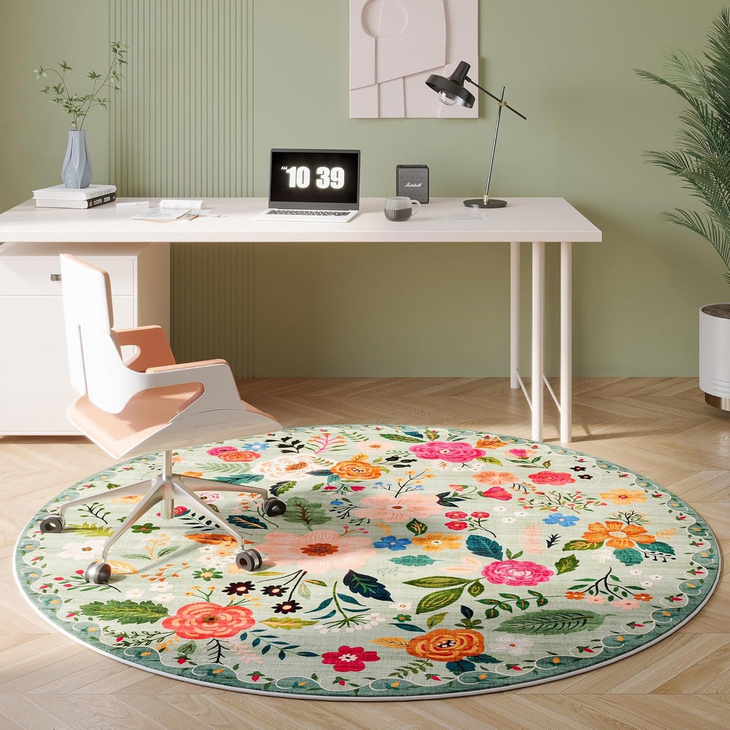 Rugcomf Round Rug 4ft Washable Circle Rug Non Slip Low Pile Boho Floral Small Circular Rug for Bedroom, Bathroom, Entryway, Kids Room, Office, College Dorm(Green)