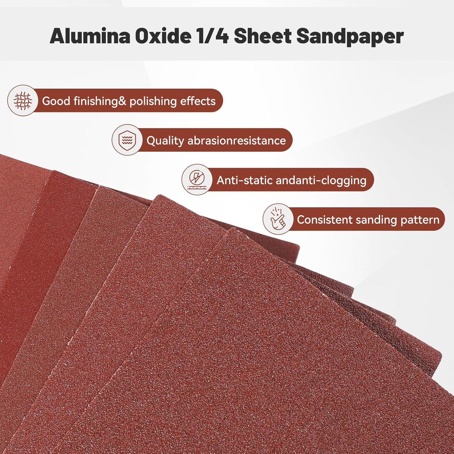1/4 Sandpaper Sheet – 4-1/2” x 5-1/2”, P60 Grit, Red Aluminum Oxide, Plain Backing, 50-Pack – Sandpaper Sheets for Palm Sanders and Woodworking