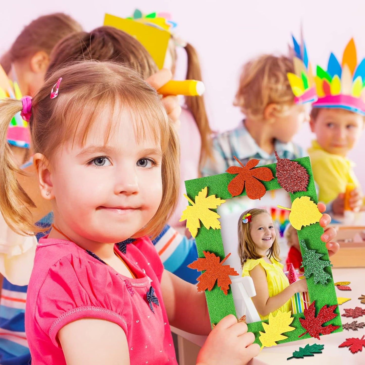 Ferraycle 232 Pcs Fall DIY Picture Frames Craft Kit Thanksgiving Felt Photo Frames with Leaves Pumpkin Harvest Crafts with Foam Stickers for Autumn Party Favor(Mix Color,Leaf)