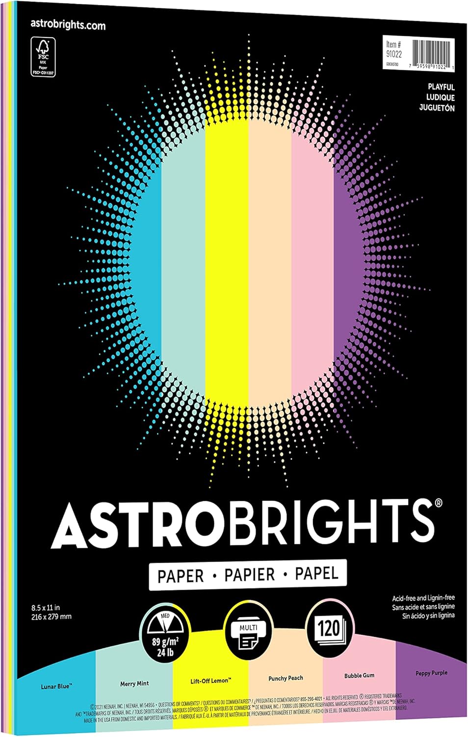 Astrobrights Colored Paper, 8.5" x 11", 24 lb/90 gsm, Playful 6-Color Assortment, 120 Sheets (91022)