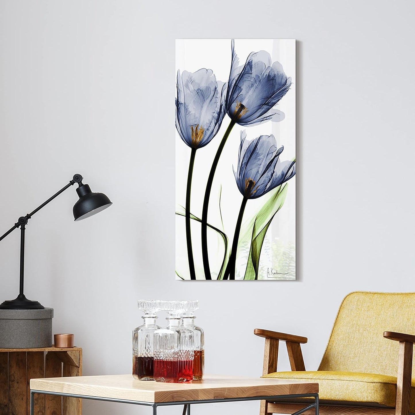 Empire Art Direct Frameless Free Floating Tempered Glass Panel Graphic Wall Art Ready to Hang, 24" x 48", Three Blue Tulips, Flower wall art