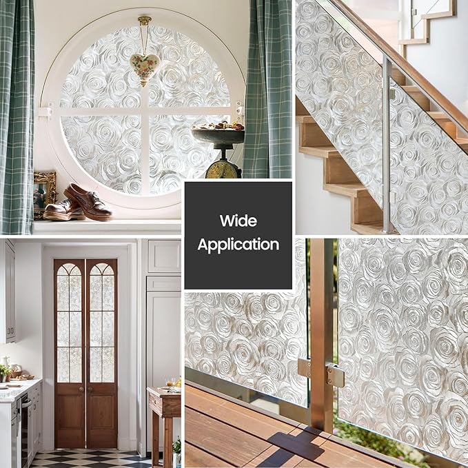 Window Privacy Film, Frosted Glass Decorative Static Cling, Removable Sun Blocking Vinyl Covering,Window Film for Home Kitchen Living Room Bathroom,Sea of Flowers,35.4" x 78.7"