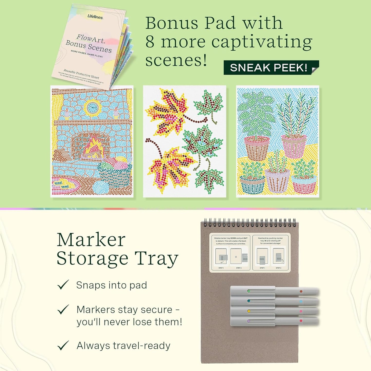 Lifelines FlowArt Activity Pad, 2-Pack & Bonus Pad - Guided Dot Art Meditations with Markers - Dot-by-Letter & Stamp-by-Shape Coloring Books for Tweens, Adults & Seniors