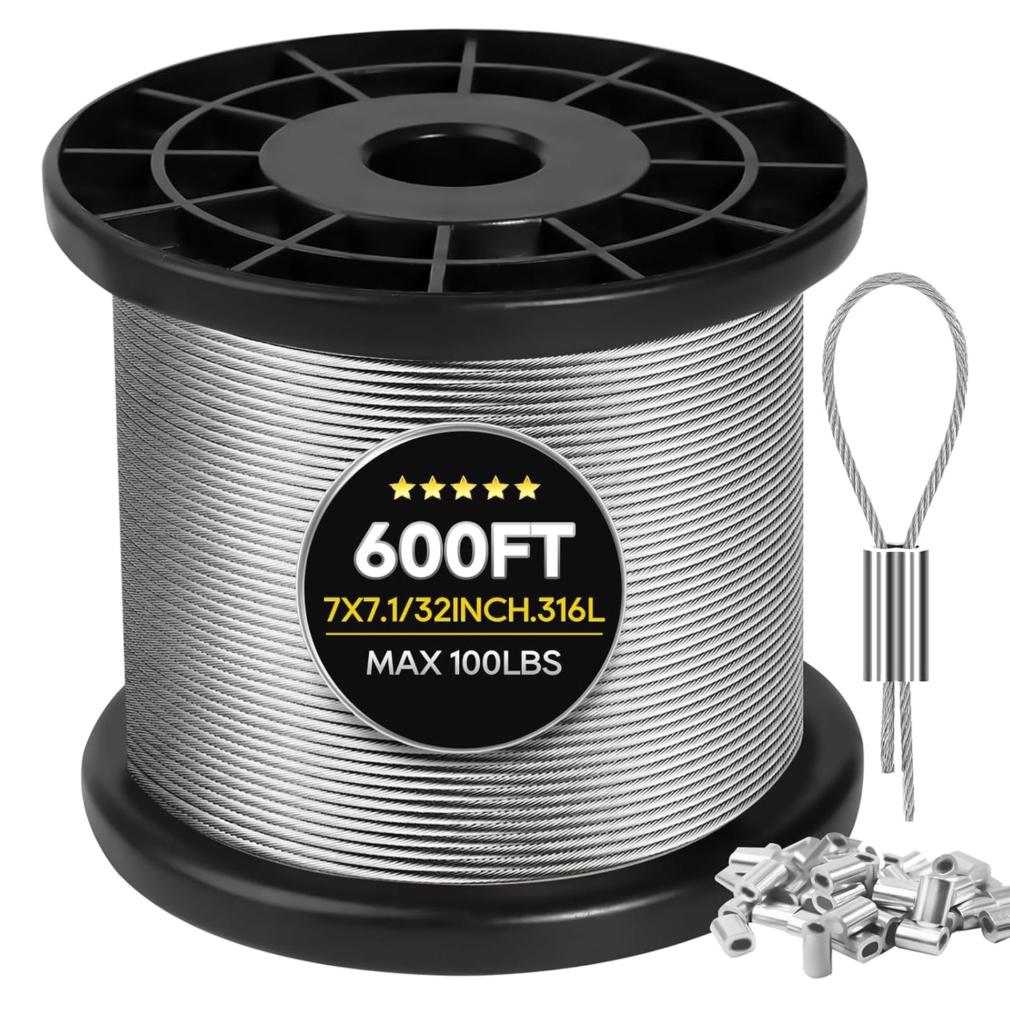 316 Stainless Steel Cable, 600FT 1/32IN Wire Rope 7 * 7 Strand with 150Pcs Aluminum Sleeves Stops, Guide Wire for Outdoor String Lights for String Lights Hanging, Clotheslines, Trellis (600FT)