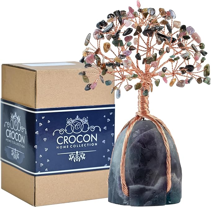 Multi Tourmaline Crystal Tree with Fluorite Rough Base Tree of Life Decor for Shelf, Bedroom, Birthday Gifts for Women, Sister Gifts, Birthday Gifts for Mom, Cute Home Decor Purple Decor Present