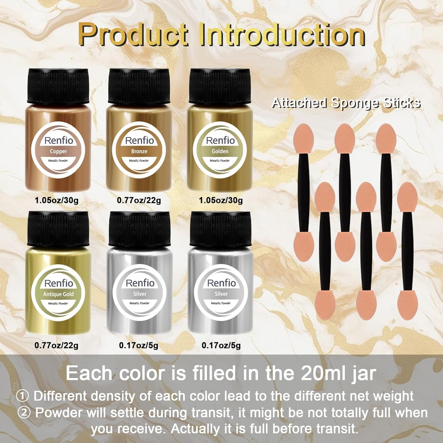 Renfio Metallic Pigment Powder, 5 Colors Gold Mica Powder for Resin, 6 X 20ml Metal Powder, Resin Color Pigment, Color Pigment for Epoxy Resin, Kintsugi, Polymer Clay, Candle Dye