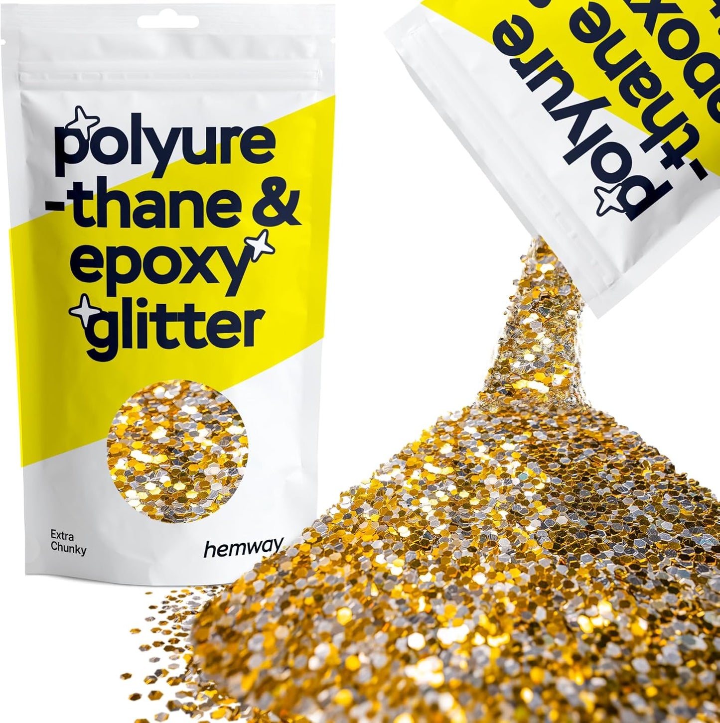 Hemway Polyurethane & Epoxy Resin Glitter 100g / 3.5oz Metallic Crystal Flake Additive for Flooring Jewelry Tumblers Glass Pigment - Extra Chunky (1/24" 0.040" 1mm) - Gold Silver