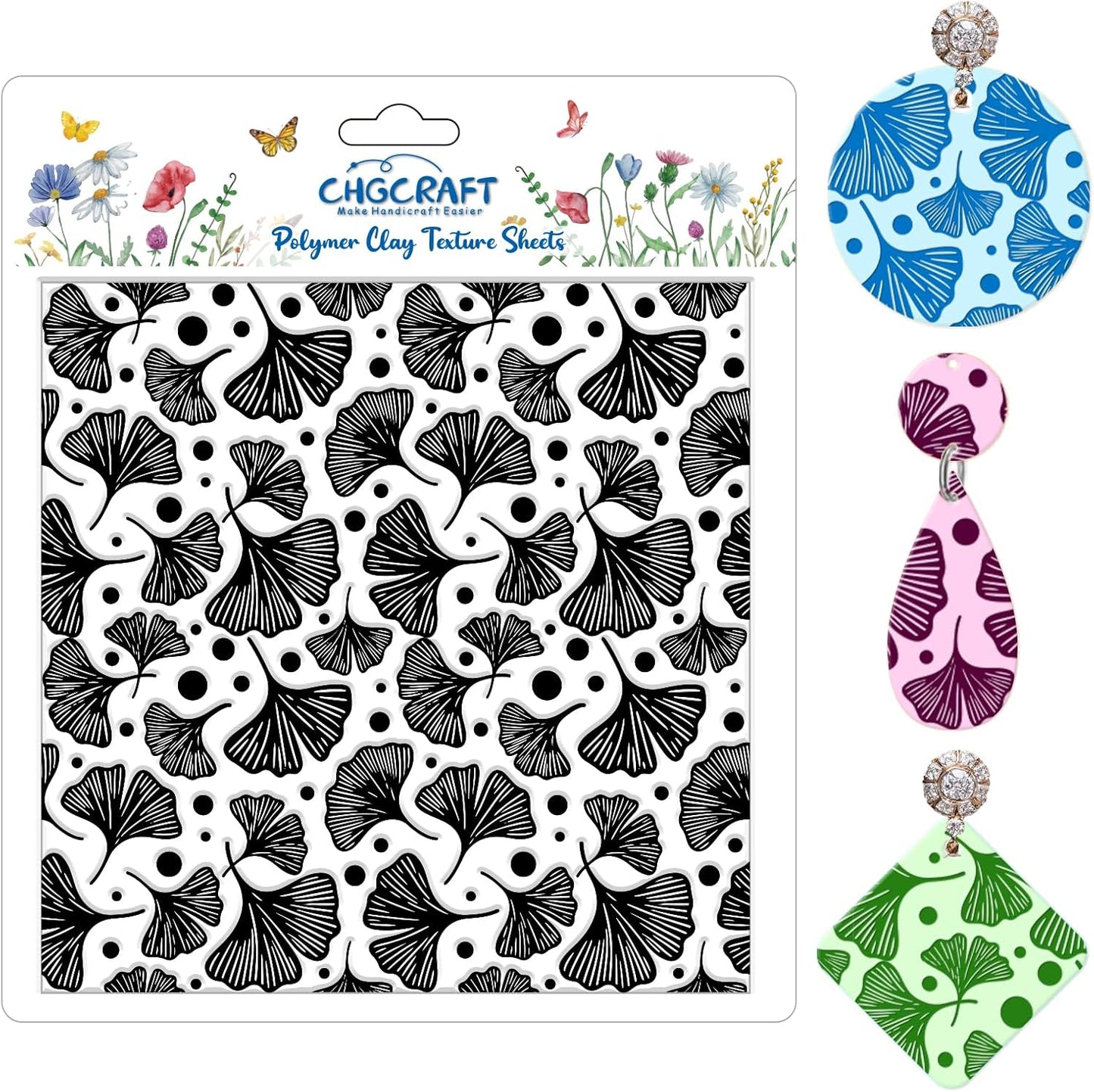 CHGCRAFT Ginkgo Biloba Plant Polymer Clay Texture Sheets Ginkgo Leaf Pattern Silicone Texture Stamp Clay Texture Mat Modeling Pattern Pad Sheets for Jewelry and Earrings Tools, 5.5x5.5 inch