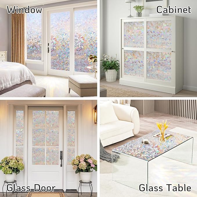 LUTE Window Privacy Film, Rainbow Window Film, 3D Decorative Stained Glass Cling, Non-Adhesive Vinyl Static Cling Removable Glass Stickers, Sun UV Blocking Decal Covering for Home, 11.8 x 78.7 inches