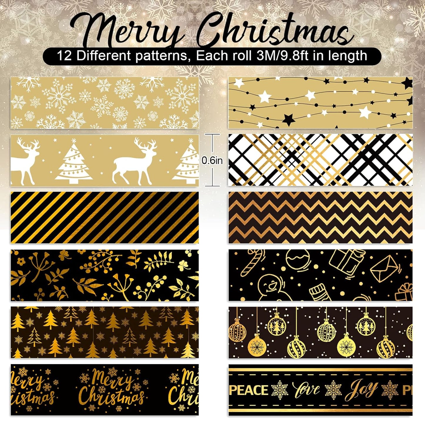 Whaline 12 Rolls Christmas Washi Tape Black Gold Xmas Washi Masking Tape Foil Gold Snowflake Xmas Tree Xmas Tree Ball Plaid Pattern Decorative Tape for Scrapbook Journal DIY Craft Gift Wrapping