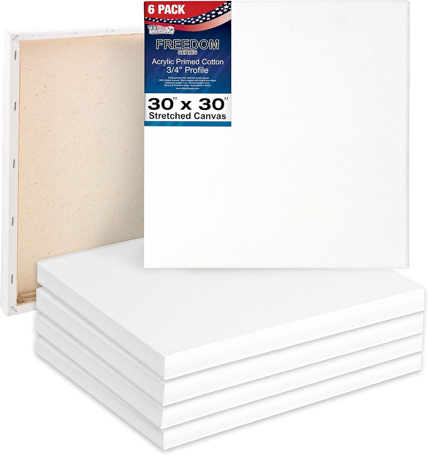 U.S. Art Supply 30 x 30 inch Stretched Canvas 12-Ounce Triple Primed, 6-Pack - Professional Artist Quality White Blank 3/4" Profile, 100% Cotton, Heavy-Weight Gesso - Acrylic Pouring, Oil Painting