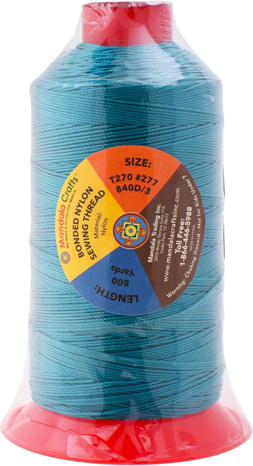 Mandala Crafts Tex 270 Bonded Nylon Thread for Sewing - 800 YDs T270 Heavy Duty Teal Nylon Thread Size 277 840 D Upholstery Thread for Leather Jeans Weaving, T270 #277 840D/3