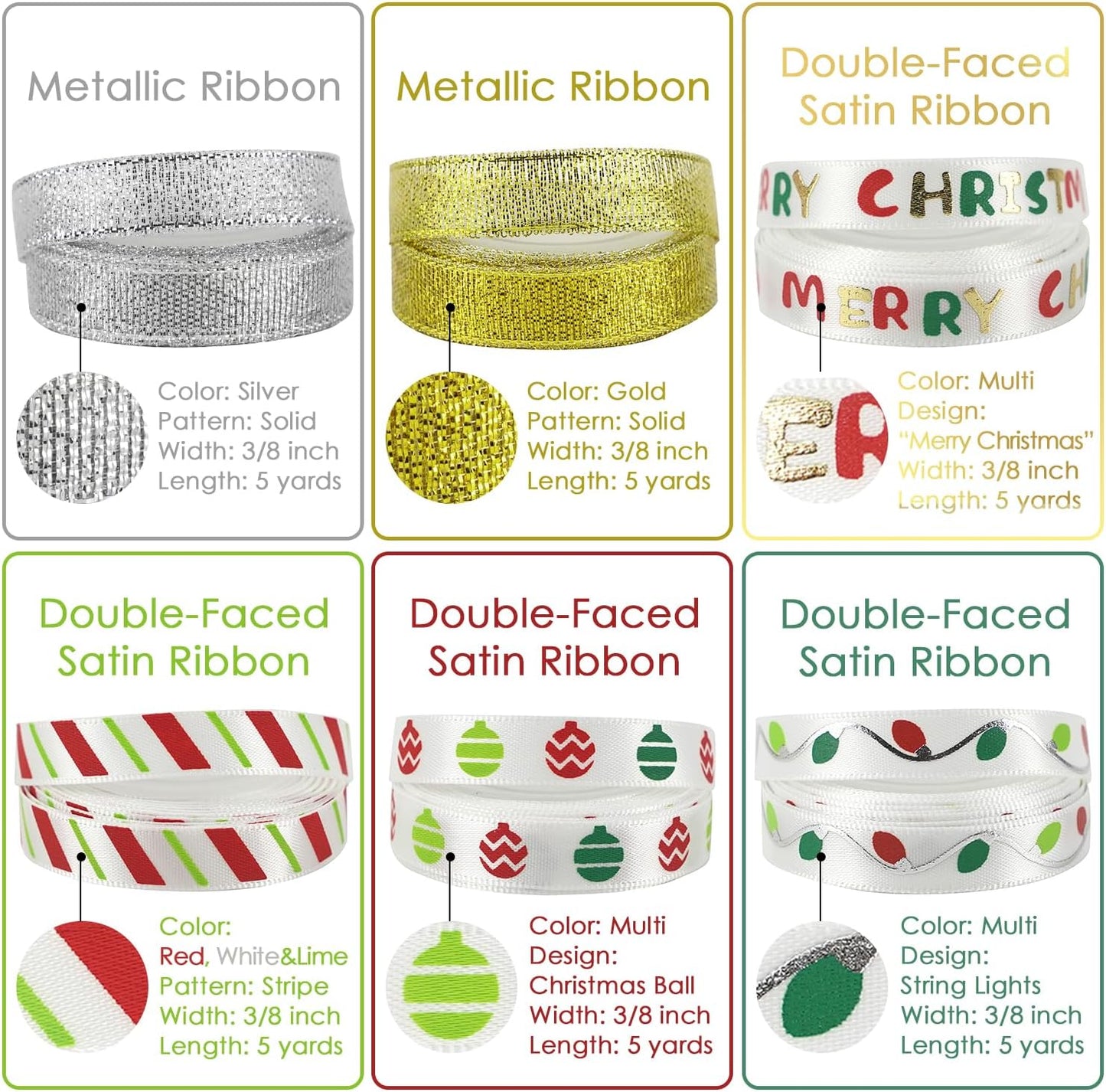 MEEDEE Christmas Ribbon 3/8 inch Thin Holiday Ribbon Set in Red, Green, White, Gold & Silver Color 12 Rolls 60 Yards Perfect for Gift Wrapping, Xmas Wreath Decor, Garlands, and Holiday Crafts