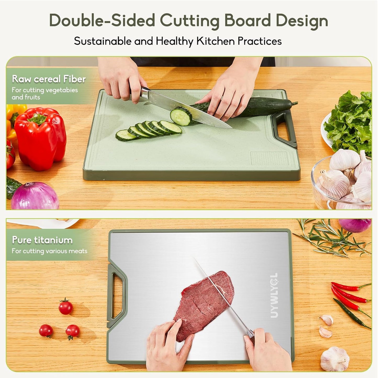 Titanium Cutting Board – Double Sided Cutting Boards for kitchen, Pure Titanium & Wheat Straw PP, Food-Grade Metal Chopping Board, Easy to Clean Large Size 16"x11"